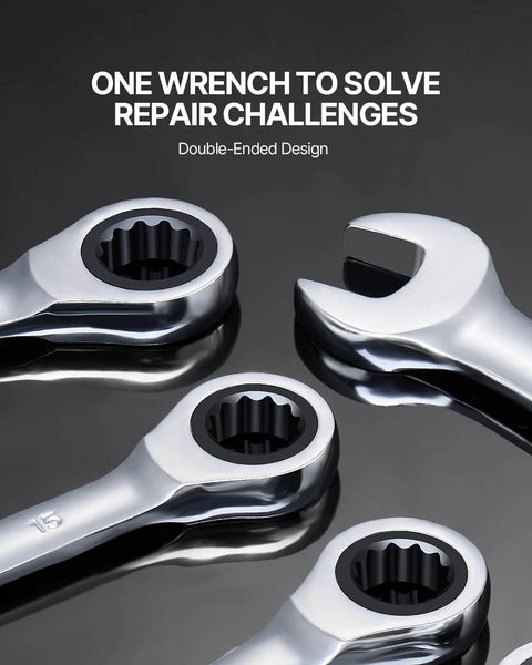 Go To Eight Piece Metric Ratcheting Wrench Set With Organizer Rack Cr V Steel 8 mm to 19 mm 72 Tooth Ratcheting Quick Release