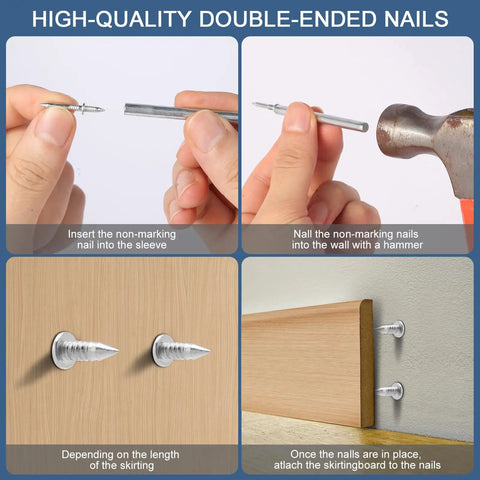 400 Pcs Double Head Skirting Nails With Four Tools For Seamless Baseboard Installation In Solid Wood Trim No Pre Drill Needed Angled Driving Barrels Included For Easy Invisible Finish And Double Sided Hidden Fix - tutorial stages of nailing process and skirting board placement.