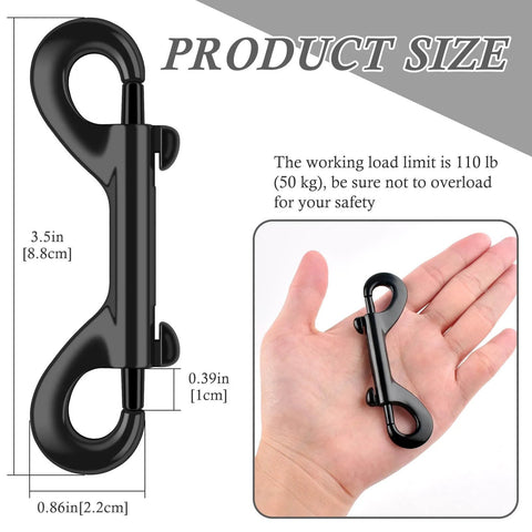 3.5 Inch Double Ended Snap Hooks 110 Lbs Load Zinc Alloy Heavy Duty Bolt Snap Clips size displayed on a hand