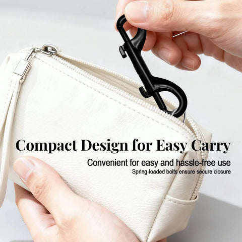 Hands using Heavy Duty Double Ended Snap Hooks 3.5 Inch Zinc Alloy Trigger Clips With Stainless Steel Spring 110 Lb Load for easy carry on bag.