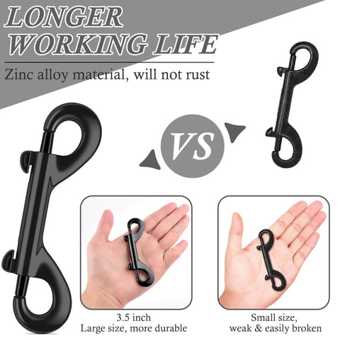 Comparison of 3.5 inch double ended snap hooks 110 lbs load zinc alloy heavy duty bolt snap clips against smaller size alternative, highlighting durability and rust resistance.
