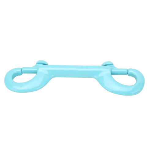 Front view of blue-coated stainless steel double-ended snap hook, 100mm, heavy-duty spring mechanism