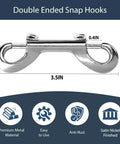 3.5 inch silver zinc alloy double ended bolt snap hook with dimensions, anti-rust features; part of 24 Pcs 3.5 Inch Double Ended Bolt Snap Hooks Silver Zinc Alloy Double Trigger Metal Clips for Linking Pet Dog Leash Collar Key Holder Water Bucket Horse Feed Hammocks 110 Lbs Capacity.