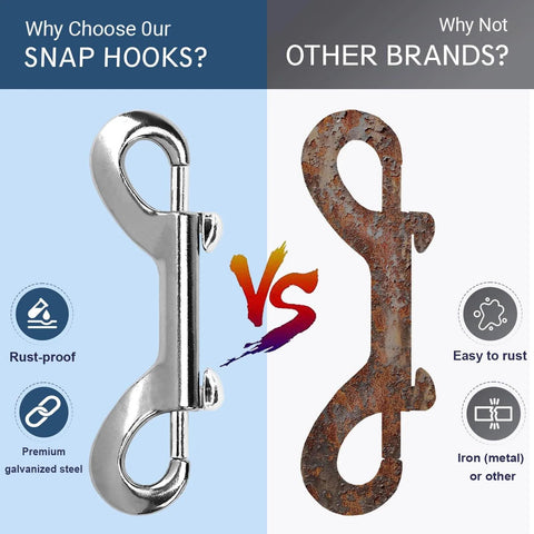 Comparison of 24 Pcs 3.5 Inch Double Ended Bolt Snap Hooks Silver Zinc Alloy vs rusty metal clip