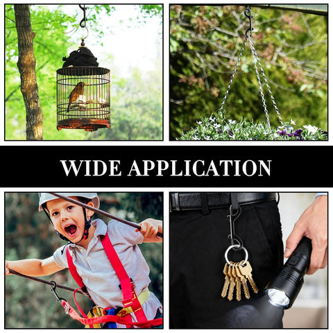 Eight Piece Set Of Double Ended Snaps 3.5 Inch Zinc Alloy Heavy Duty Bolt Snap Trigger Clips in various uses: bird cage, plant hanging, key chain, child's harness.