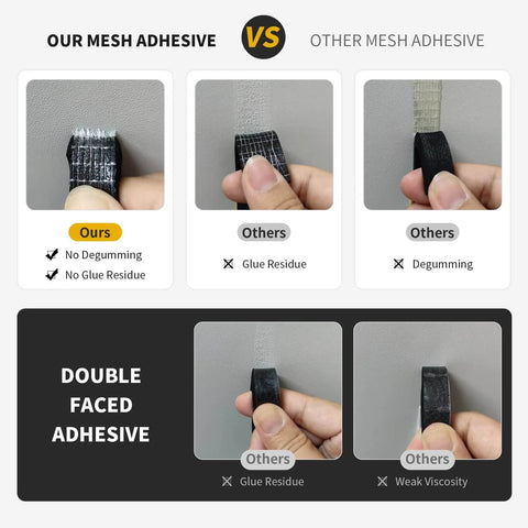 Comparison of our mesh adhesive vs other adhesives showing no glue residue and strong hold for Weather Stripping Door Seal.