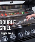 Grill view of 82 Inch Natural Gas Outdoor Kitchen Island with Grill - 6-Burner 85000 BTU, Height-Adjustable Infrared Rear Burner.