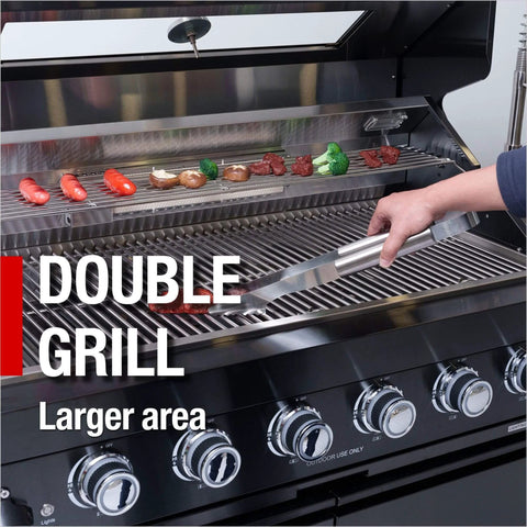 Grill view of 82 Inch Natural Gas Outdoor Kitchen Island with Grill - 6-Burner 85000 BTU, Height-Adjustable Infrared Rear Burner.