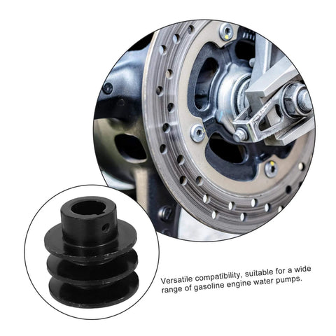 Double Groove Pulley V-belt Pulley for Gas Engine Water Pump Easy Install with close-up of pulley and connected water pump.