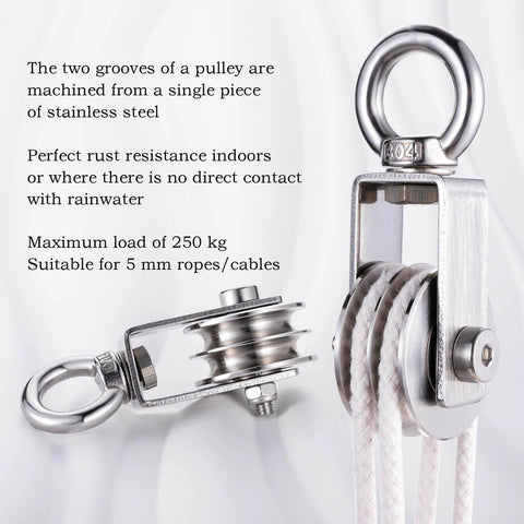SHINICO Double Cable Pulley Block Heavy Duty Stainless Steel, Bearing Inside, Swivel Single Pulley Wheel