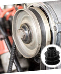 Installed double groove V-belt pulley for water pump applications, heavy duty cast sheave, visible in automotive engine use.