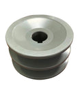 Double Groove V Belt Pulley For A And AX Belts Three L And Four L Sizes Two And A Half Inch Outer Diameter Five Eighths Inch Bore Cast Iron With Grey Finish Fixed Bore Durable Industrial Pulley For Reliable Power Transmission, shown in silver-grey cast iron.
