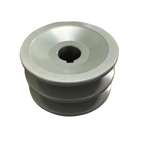 Double Groove V Belt Pulley For A And AX Belts Three L And Four L Sizes Two And A Half Inch Outer Diameter Five Eighths Inch Bore Cast Iron With Grey Finish Fixed Bore Durable Industrial Pulley For Reliable Power Transmission, shown in silver-grey cast iron.