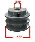 Double Groove V Belt Pulley For A And AX Belts Three L And Four L Sizes Two And A Half Inch Outer Diameter Five Eighths Inch Bore Cast Iron With Grey Finish Fixed Bore Durable Industrial Pulley For Reliable Power Transmission.