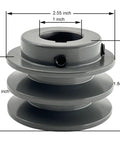 Double Groove V Belt Pulley for A AX 3L 4L Belts 2AK251 Cast Iron Sheave with 1 inch bore and 2.55 inch diameter, side view.