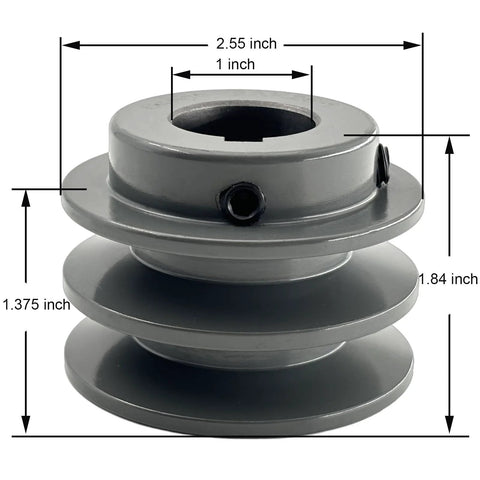 Double Groove V Belt Pulley for A AX 3L 4L Belts 2AK251 Cast Iron Sheave with 1 inch bore and 2.55 inch diameter, side view.