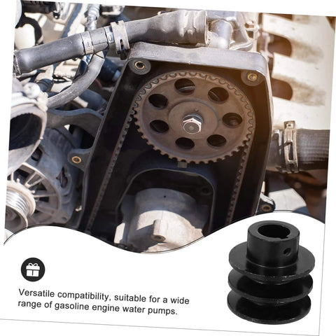 Close-up of black double groove pulley V-belt pulley for gas engine water pump easy install, shown installed in engine system.