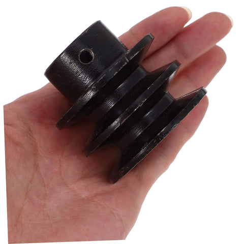 Double Groove V-Belt Pulley for Gas Engines Water Pump Replacement Smooth Operation held in hand, showing size and grooves.