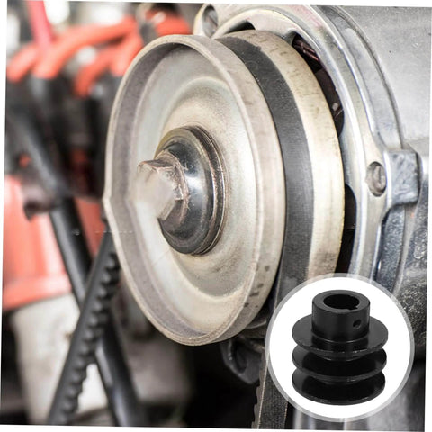 Double Groove Pulley V-belt Pulley for Gas Engine Water Pump Easy Install showing a close-up of a metal pulley installed on an engine.