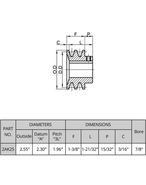 Technical drawing of Double Groove Pulley For V Belt Drive A For 3L And 4L Belts 2.55 Inch Outside Diameter Seven Eighths Inch Fixed Bore.