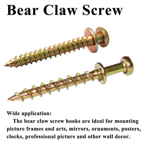 Heavy Duty Double Headed Bear Claw Picture Hanging Screws Set by Laffeya, 40 Pack showing two metal screws with dual necks for easy mounting.