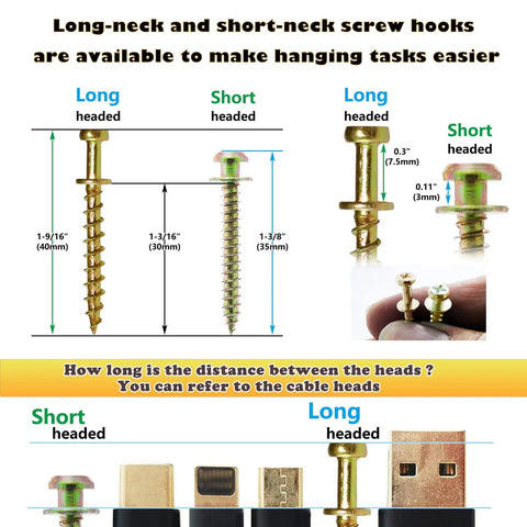 Heavy Duty Double Headed Bear Claw Picture Hanging Screws Set by Laffeya, showing long and short neck screw dimensions and comparison.