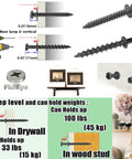 Illustration of Pro Grade Picture Hanging Screws Set with double-headed bear claw screws for various mounting, showcasing weight capacities.
