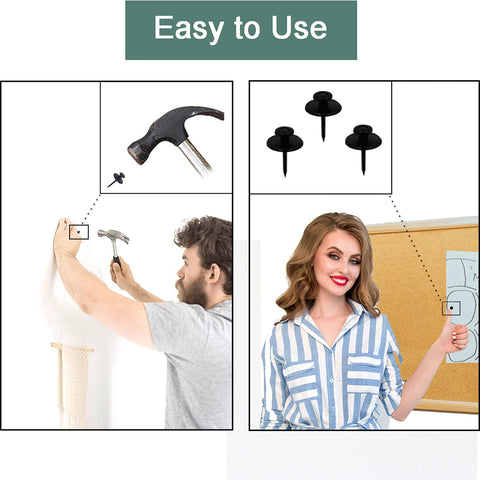 Man using 30 Pack Double Headed Push Pins Picture Hangers And Wall Hooks For Drywall And Cork Board, woman showing hook on board