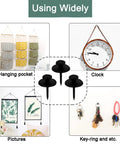 30 Pack Double Headed Push Pins Picture Hangers And Wall Hooks For Drywall And Cork Board, Renter Friendly Small Picture Frame Hangers For Photos, Home Office Decor, Thumb Tacks In Black with examples of usage including hanging pockets, clocks, pictures, and key rings.