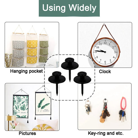 30 Pack Double Headed Push Pins Picture Hangers And Wall Hooks For Drywall And Cork Board, Renter Friendly Small Picture Frame Hangers For Photos, Home Office Decor, Thumb Tacks In Black with examples of usage including hanging pockets, clocks, pictures, and key rings.