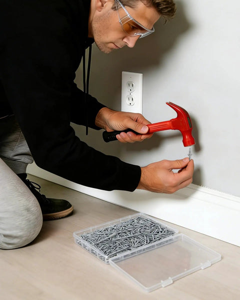 Man installing baseboard with red hammer and 400 pcs double headed skirting nails with sleeve tools for solid wood baseboards