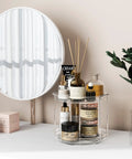 2 Pack Double Layer Lazy Susan Turntable Organizer 9.25 Inch Rotating Spice Rack with cosmetics on bathroom vanity