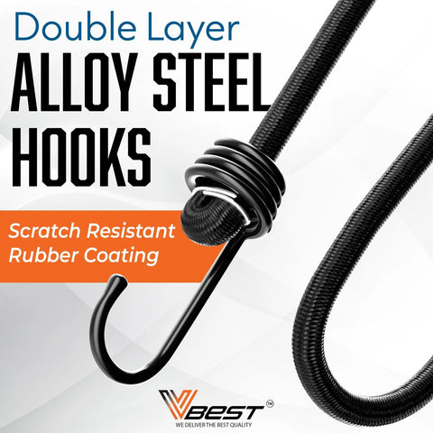 Close-up of Six Piece Heavy Duty Bungee Cords With Hooks 36 Inch Outdoor Set, featuring alloy steel hooks with scratch-resistant coating.