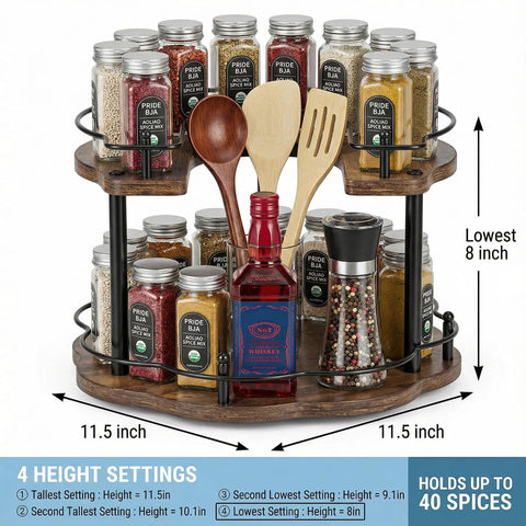 12 Inch Wood Lazy Susan Organizer for Cabinet With Double Layer Rotating Design and Plum Blossom Shape, Holds 40 Spices