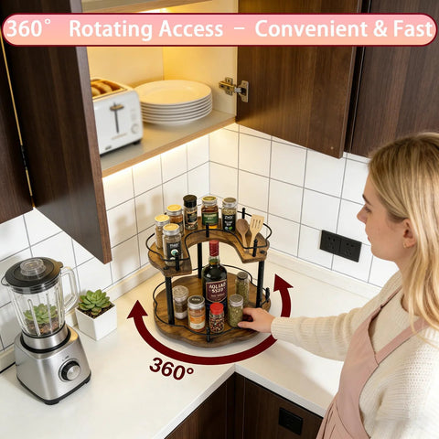 Woman using 12 Inch Wood Lazy Susan Organizer for Cabinet With Double Layer Rotating Design and Plum Blossom Shape for spices and jars.