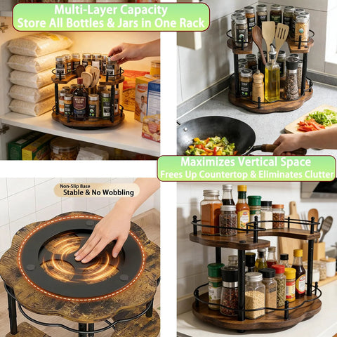 12 Inch Wood Lazy Susan Organizer for Cabinet with spices and seasonings, double-layer design with adjustable shelves, plum blossom shape