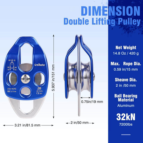 Double Block and Tackle Pulley System with dimensions and specifications highlighted, including aluminum build and 32kN capacity.