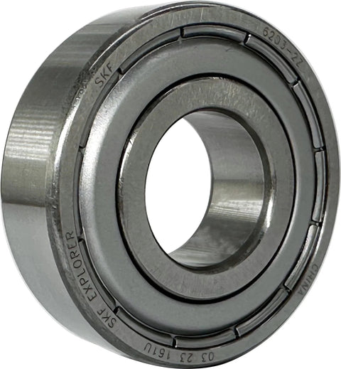 Close-up of 6203-2Z double metal seal deep groove ball bearing, size 17x40x12mm, showing polished metal surface and construction.