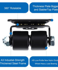 Side view of a black 4 Pack 1 Inch Caster Wheels Heavy Duty Low Profile Plate Swivel Casters With Double Nylon Wheels 1100 Lb Load Capacity Anti Wear Furniture Casters Extra Wide Smooth Roll For Bed And Workbench Black showing double wheel construction and steel frame.