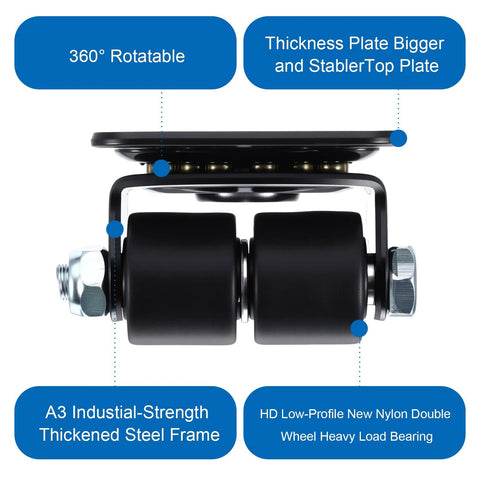 Side view of a black 4 Pack 1 Inch Caster Wheels Heavy Duty Low Profile Plate Swivel Casters With Double Nylon Wheels 1100 Lb Load Capacity Anti Wear Furniture Casters Extra Wide Smooth Roll For Bed And Workbench Black showing double wheel construction and steel frame.