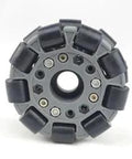 Front view of DAAFGEREPV Double Omnidirectional Wheel, 4 Inch 100mm, showing rollers and attachment points for robotics.