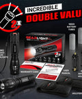 Two compact, ultra-bright LED flashlights with five-mode zoomable beam, batteries not included, packaging and accessories shown