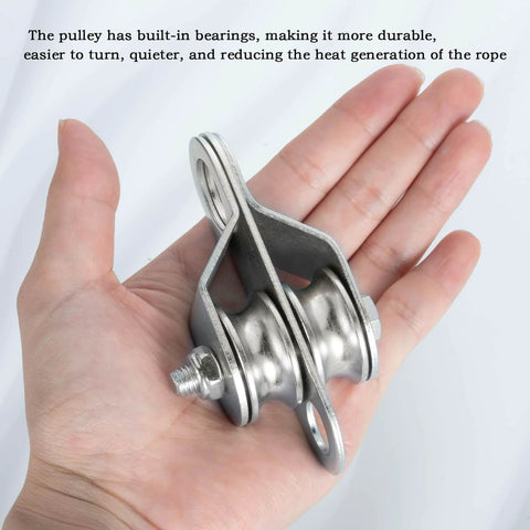 Hand holding Double Pulley Block Small Snatch Cable for 0.23Inch/6mm Wire Rope, Pulley Wheel Bearing Inside, 2Pack