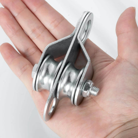 Hand holding Double Cable Pulley Block, with Ball Bearings for 0.23 Inch/6mm Wire Rope, Good for Pulley Lifing System, 1Pack
