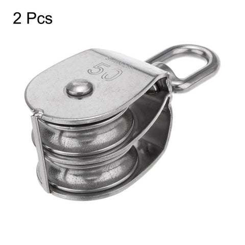 2pcs M50 Double Pulley Block, Stainless Steel Swivel Rigging Lifting Wheel Fixed Pulley, Crane Hanging Wire Towing Wheel, Rope Cable Pulley Roller