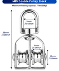 M15 Double Pulley Block - Pack of 4 Heavy Duty 304 Stainless Steel Double Wheel Pulleys for Lifting Rope, dimensions shown