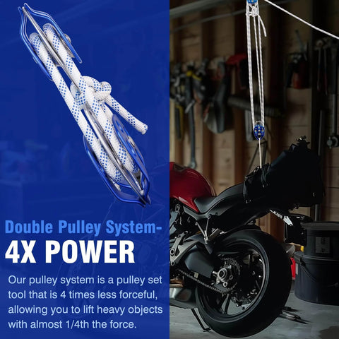Heavy-Duty Double Block and Tackle Pulley System - 100Ft x 1/2'' Rope, 7700 LB(35KN) Breaking Strength, 4:1 Lifting Ratio in use