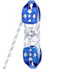 Double Block and Tackle Pulley System with 150Ft x 1/2'' Rope Pulley 7700 LB(35KN) Breaking Strength, blue metal pulleys with rope.