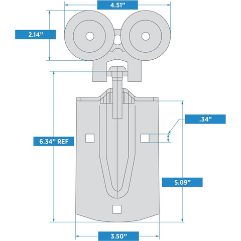 Technical drawing with measurements for a mechanical component, featuring two round elements at the top and rectangular base.