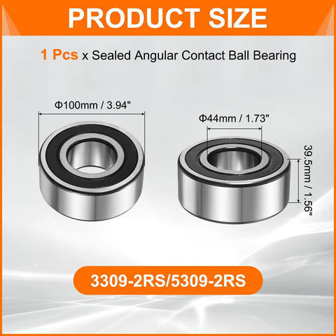 Double Row Sealed Angular Ball Bearing for motors and pumps, 44x100x39.5mm, shown in two different angles with size dimensions.